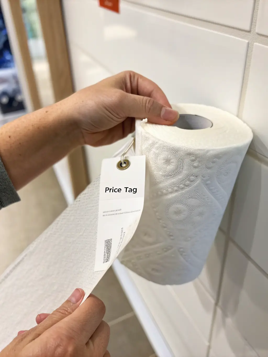 A hand holding a tissue paper roll with a price tag, emphasizing affordability and value for money.
