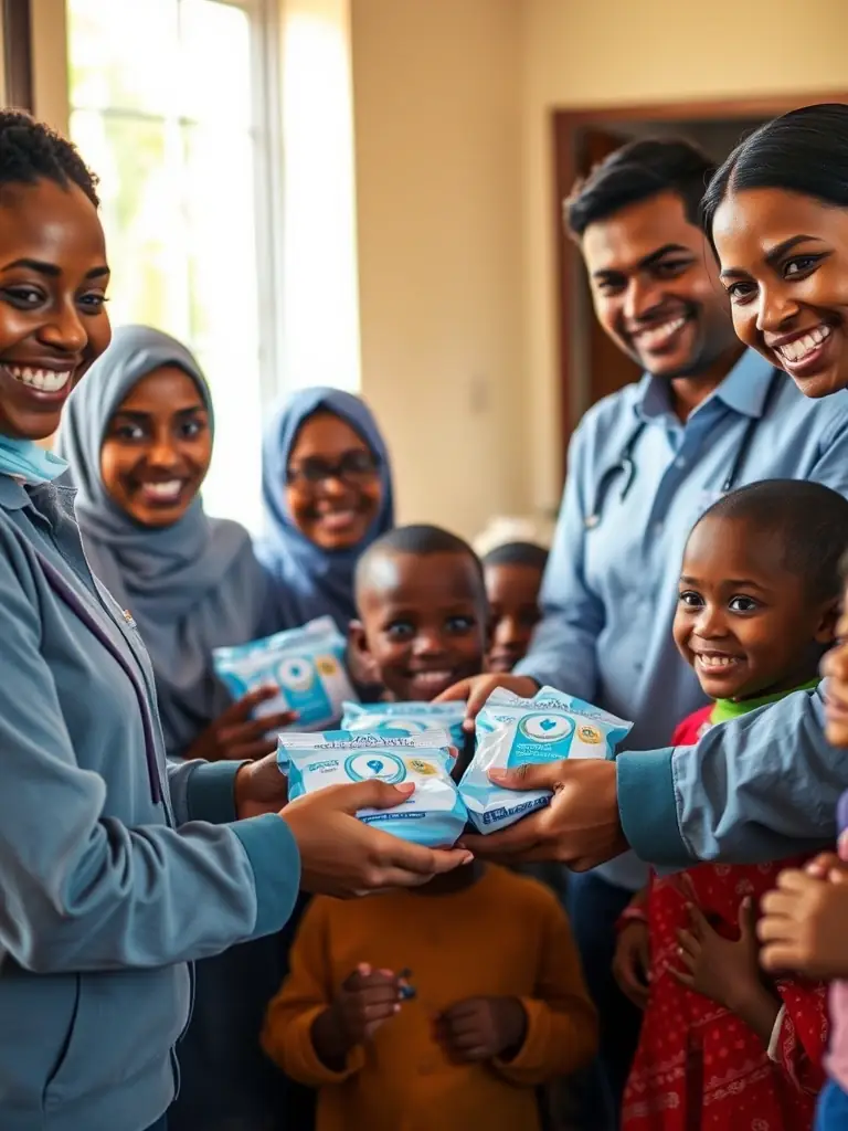 A photo of Hadigra donating hygiene products to a local orphanage, showcasing their support for vulnerable communities.