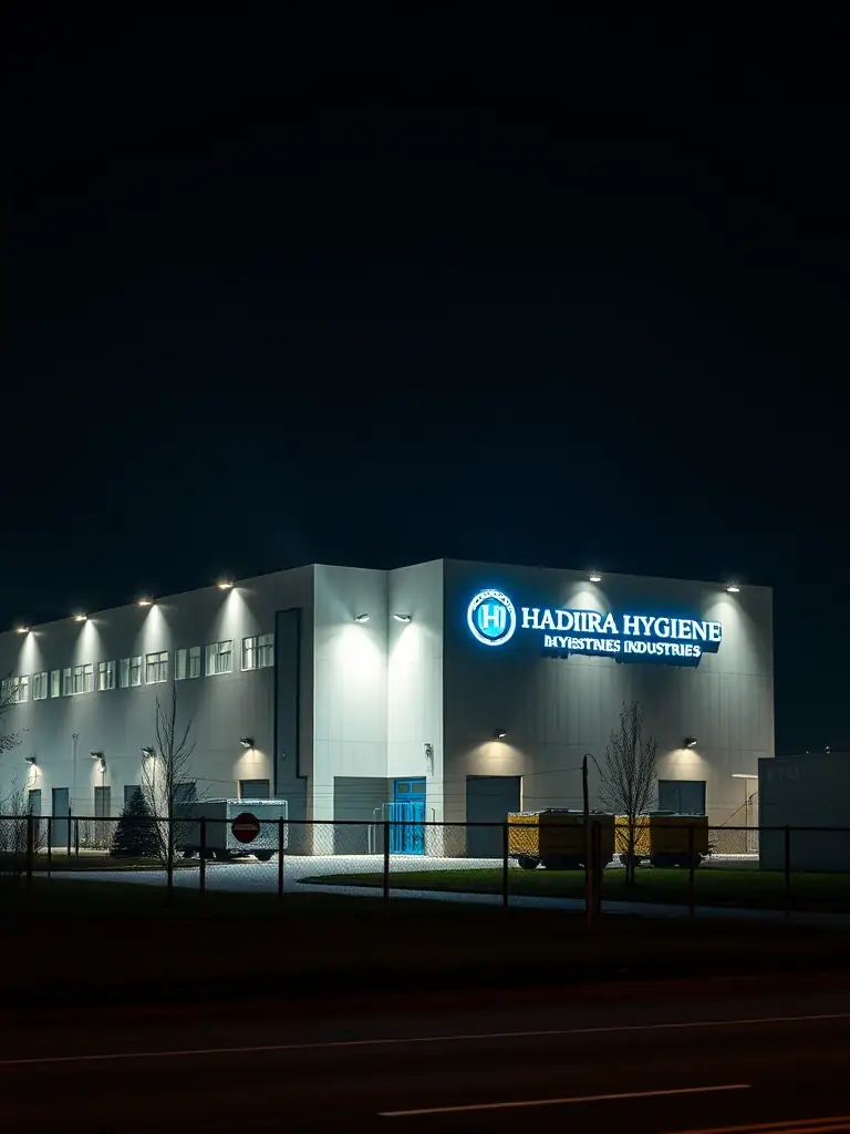 Exterior shot of the Hadigra Hygiene Industries factory at night, fully illuminated and operational, demonstrating 24/7 production capabilities.