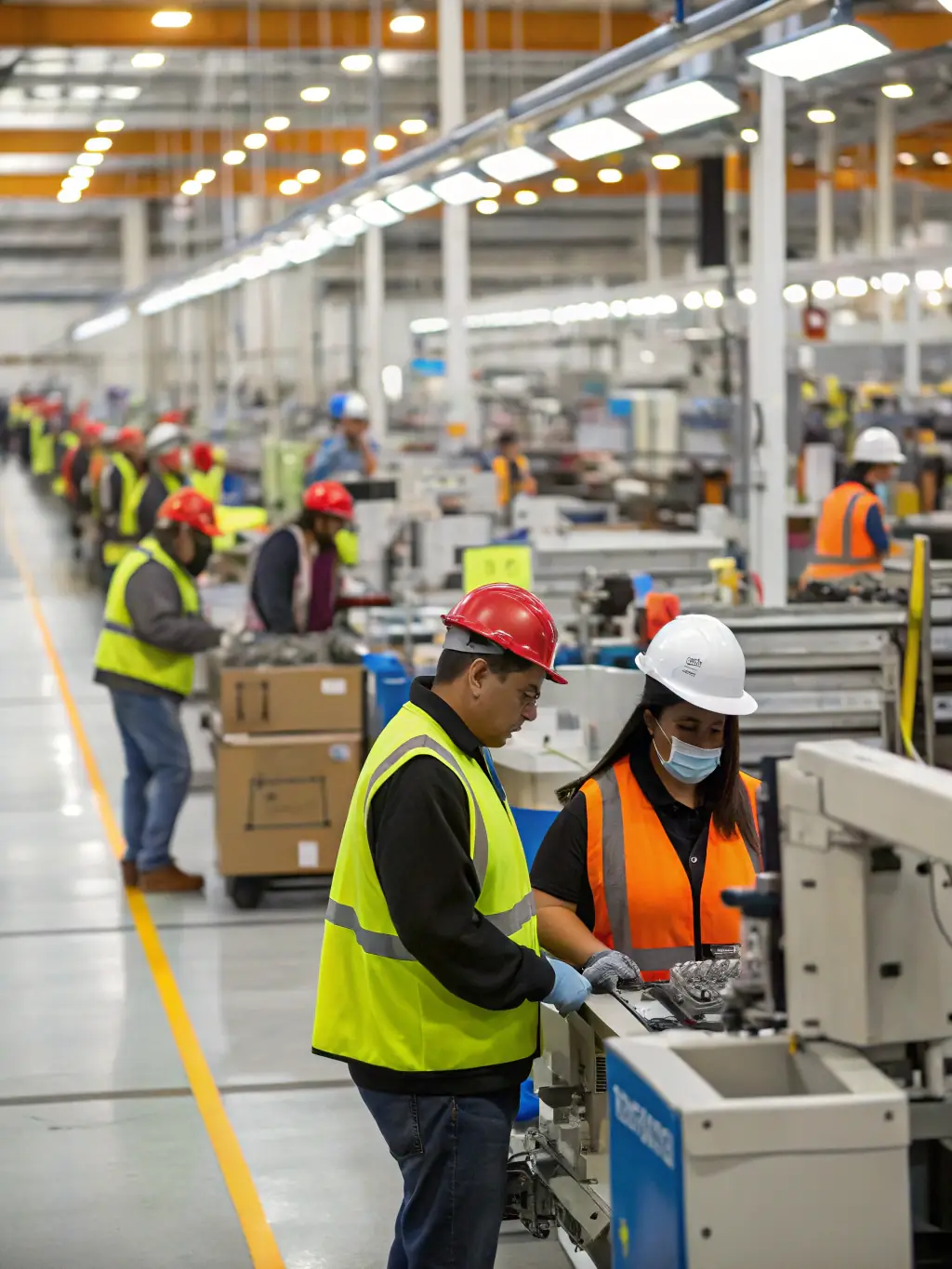 A diverse group of workers in a modern factory setting, symbolizing export readiness and global standards.