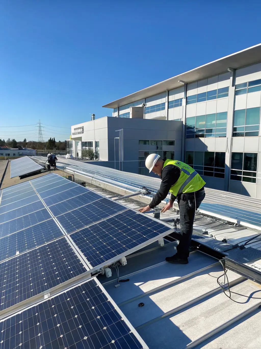 A solar panel installation on the factory roof, highlighting the company's commitment to sustainable energy and eco-friendly practices.