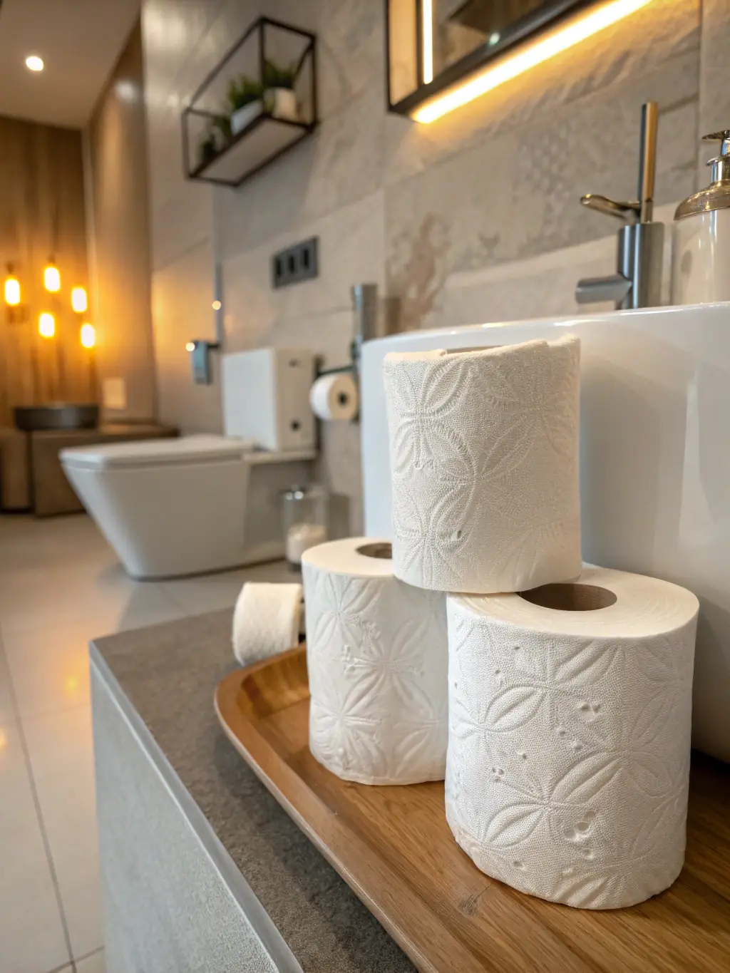 A roll of Hadigra's Eco-friendly Tissue Paper with green eco-friendly branding, placed on a clean, modern bathroom countertop, showcasing its softness and sustainability.