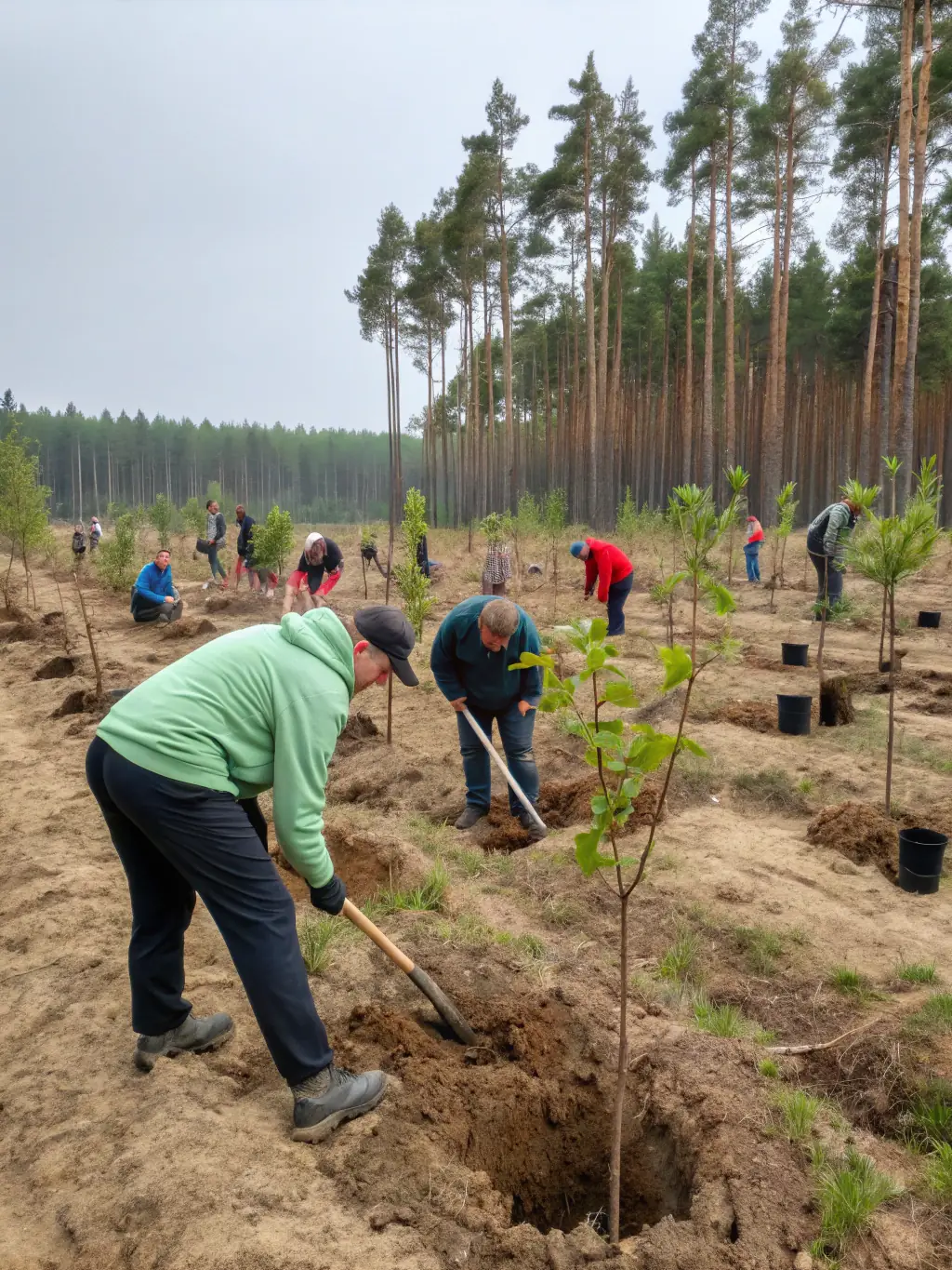 A photo of Hadigra employees planting trees in a deforested area, showcasing their reforestation initiative.