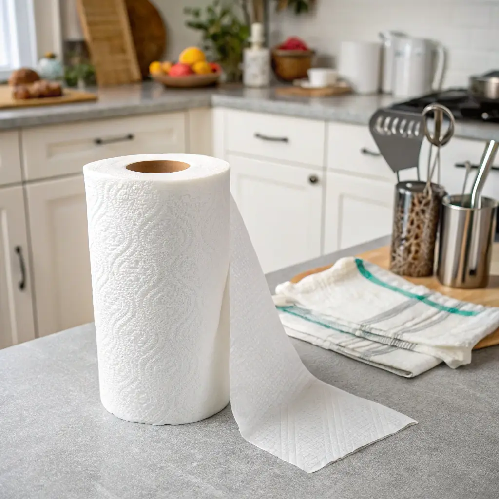 A roll of highly absorbent kitchen towels, highlighting its thickness and durability.