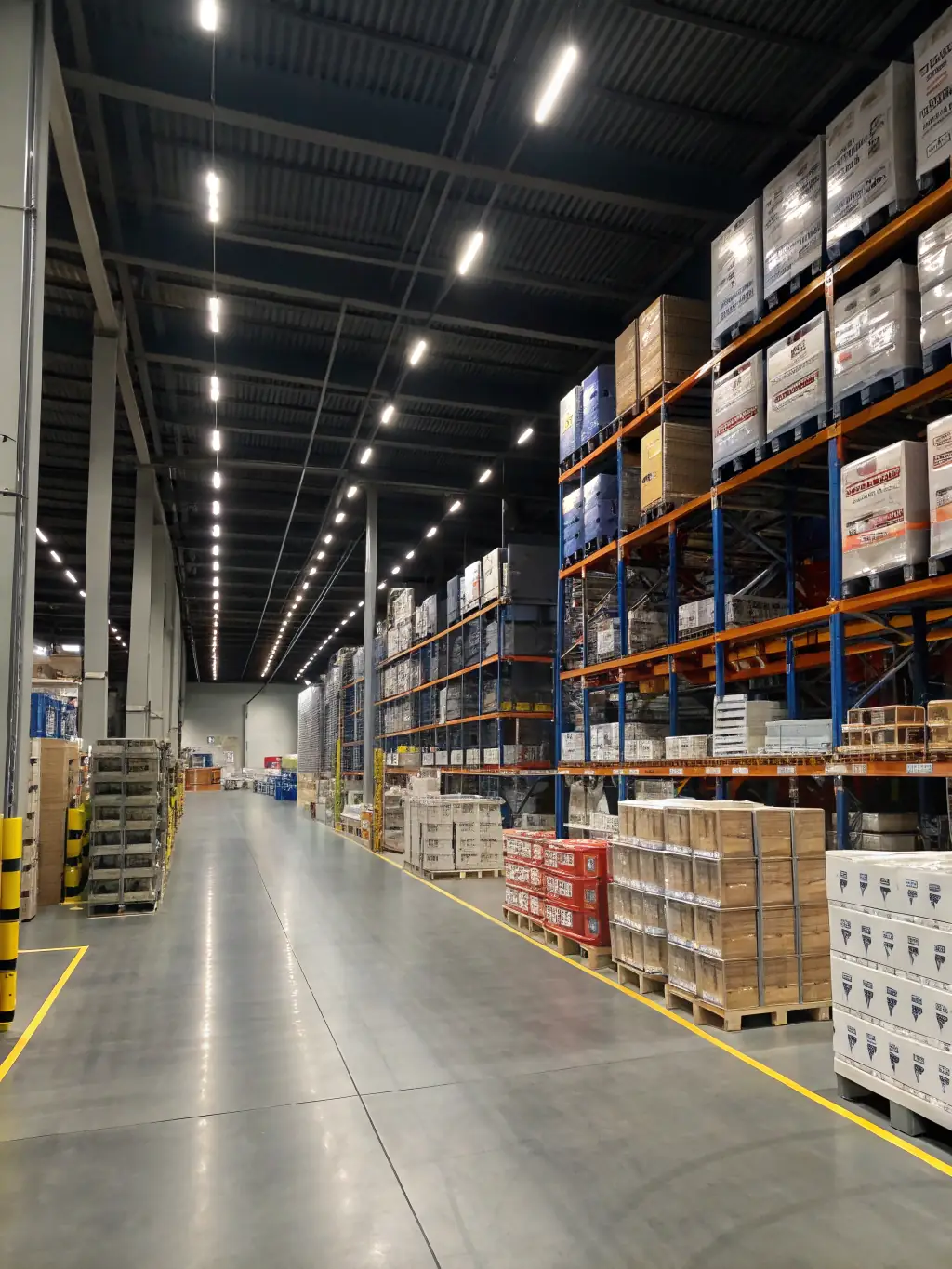 A photograph of neatly stacked pallets of Hadigra products ready for export, with clear labeling and secure packaging, at the Hadigra factory.